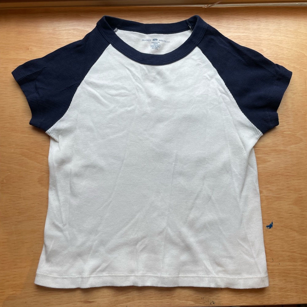 Brandy Melville Navy and White Cropped Short Sleeve Tee